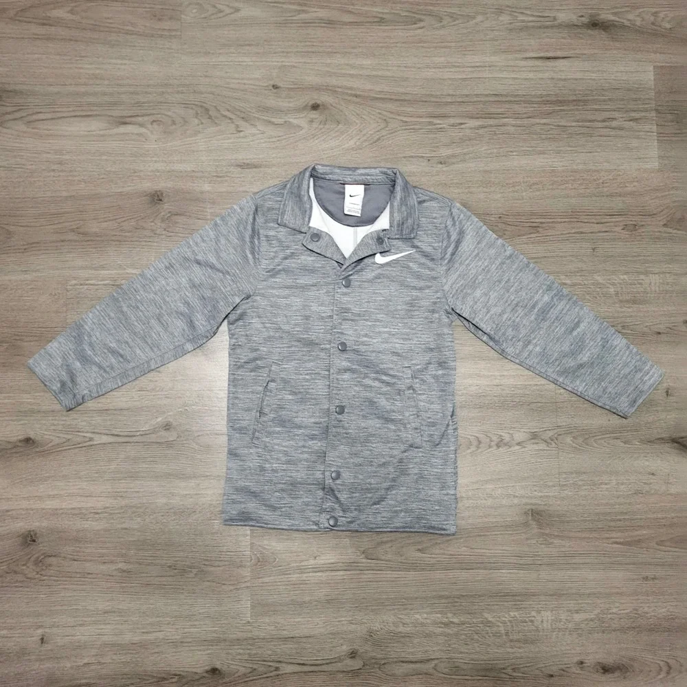 Kids Nike‎ Therma Fit Gray Button Up Coaches Jacket Big Boys Collared Size S 8-9